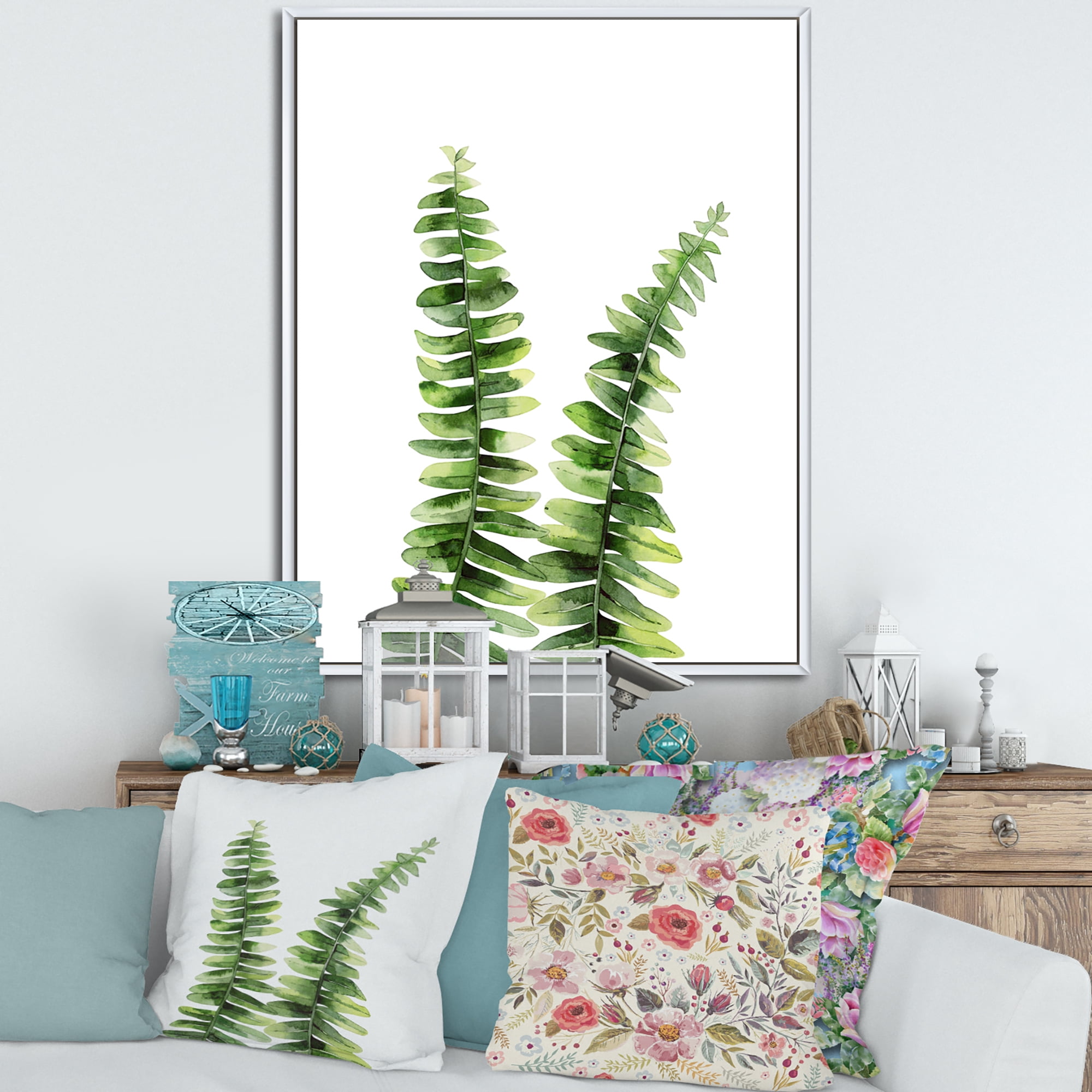 Designart 'Fern Plant Leaves Detail V' Tropical Framed Canvas Wall Art Print