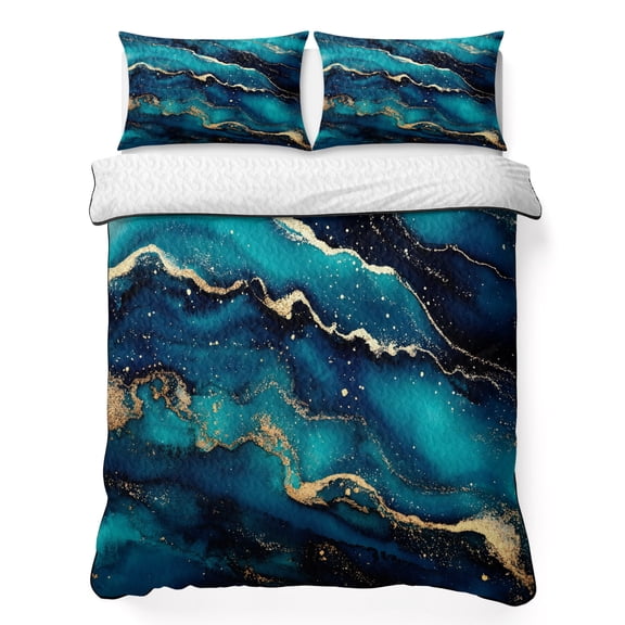 King Quilt Set, Blue Black Marble Texture Lightweight Quilt Sets Summer Comforter Coverlets with 2 Pillow Shams, Abstract Modern Style Breathable 3 Piece Bedding Set for All Seasons