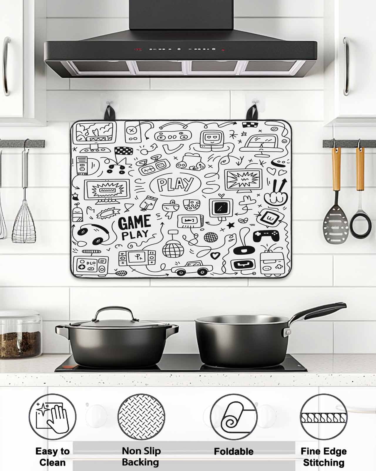 Stove Top Covers for Electric Stove, Video Game Glass Stovetop Cover Protector, Black White Game Controller Monochrome Induction Cooktop Protector Oven Mat for Kitchen Countertop 28.5"x20.5"