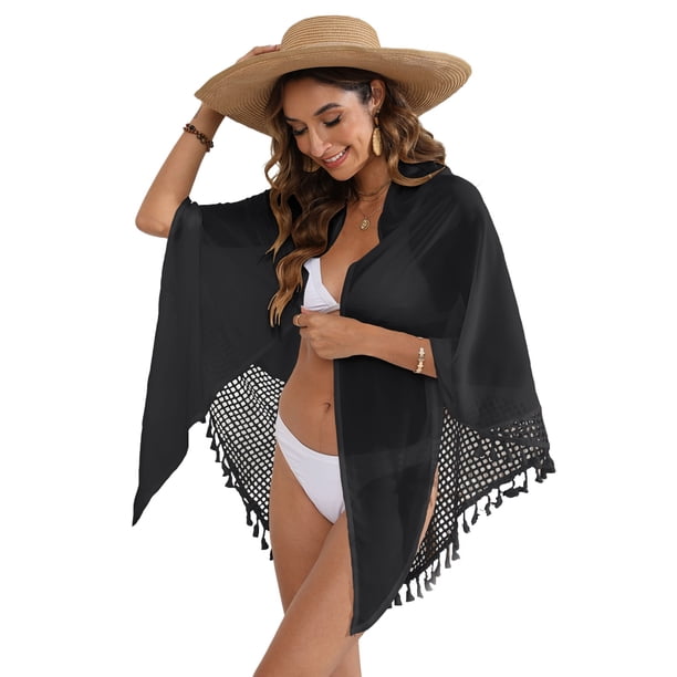 Pareos de Playa Bohemios para Mujer, Pareos de Transparente para Bikini, Faldas para Trajes de Baño. Negro Talla Única