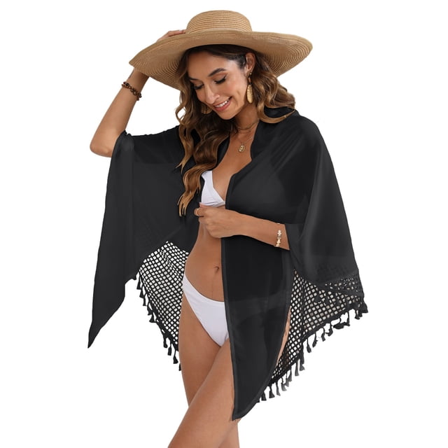 Pareos de Playa Bohemios para Mujer, Pareos de Transparente para Bikini, Faldas para Trajes de Baño. Negro Talla Única