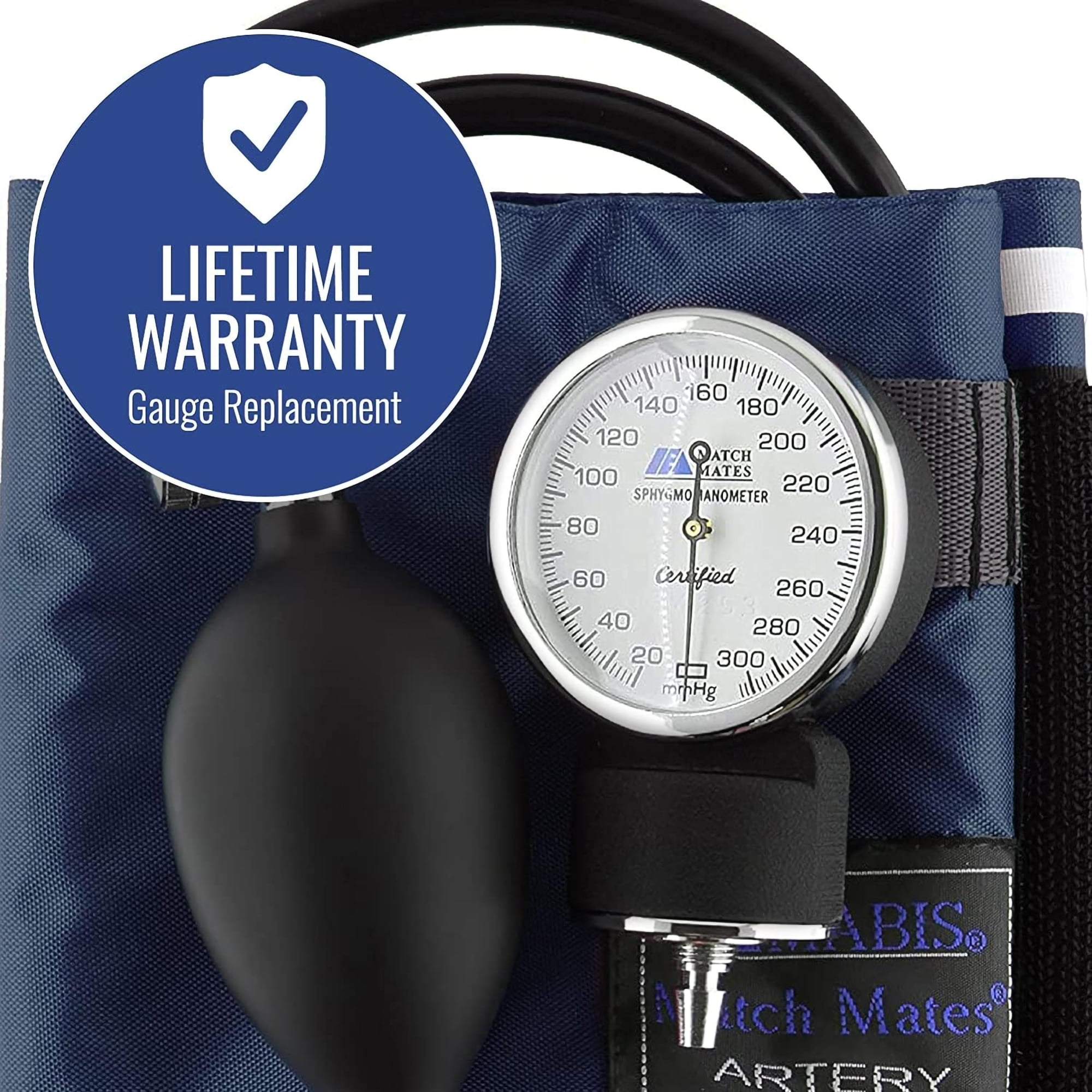 MABIS MatchMates Manual Blood Pressure Monitor Kit Aneroid Sphygmomanometer with Calibrated Nylon Cuff and Oversized Carrying Case, Adult, Navy
