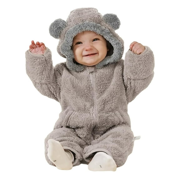 QUOTAY Baby Bear Kids Jumpsuit Outfit with Fold Over Mittens Baby Girls' Footies & Rompers Boys Winter Hooded Romper Grey,6-9 Months