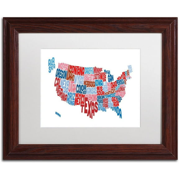 Trademark Fine Art 'United States Typography Text Map' Canvas Art by Michael Tompsett, White Matte, Wood Frame