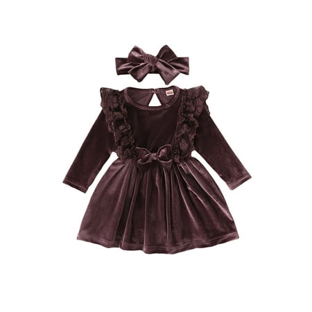 

Mieeyali Toddler Girl 2Pcs Winter Outfits Long Sleeve Bow Front Velvet Dress + Headband Set