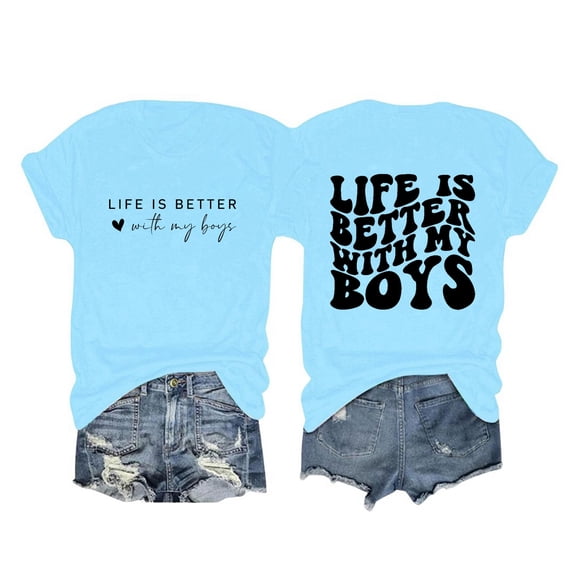 HXWCHs Women's T-Shirts T | Life Is Better With My Boys Letter Printed Boy Mama Shirts Graphic Tees Casual Short Sleeve Tops M Light Blue