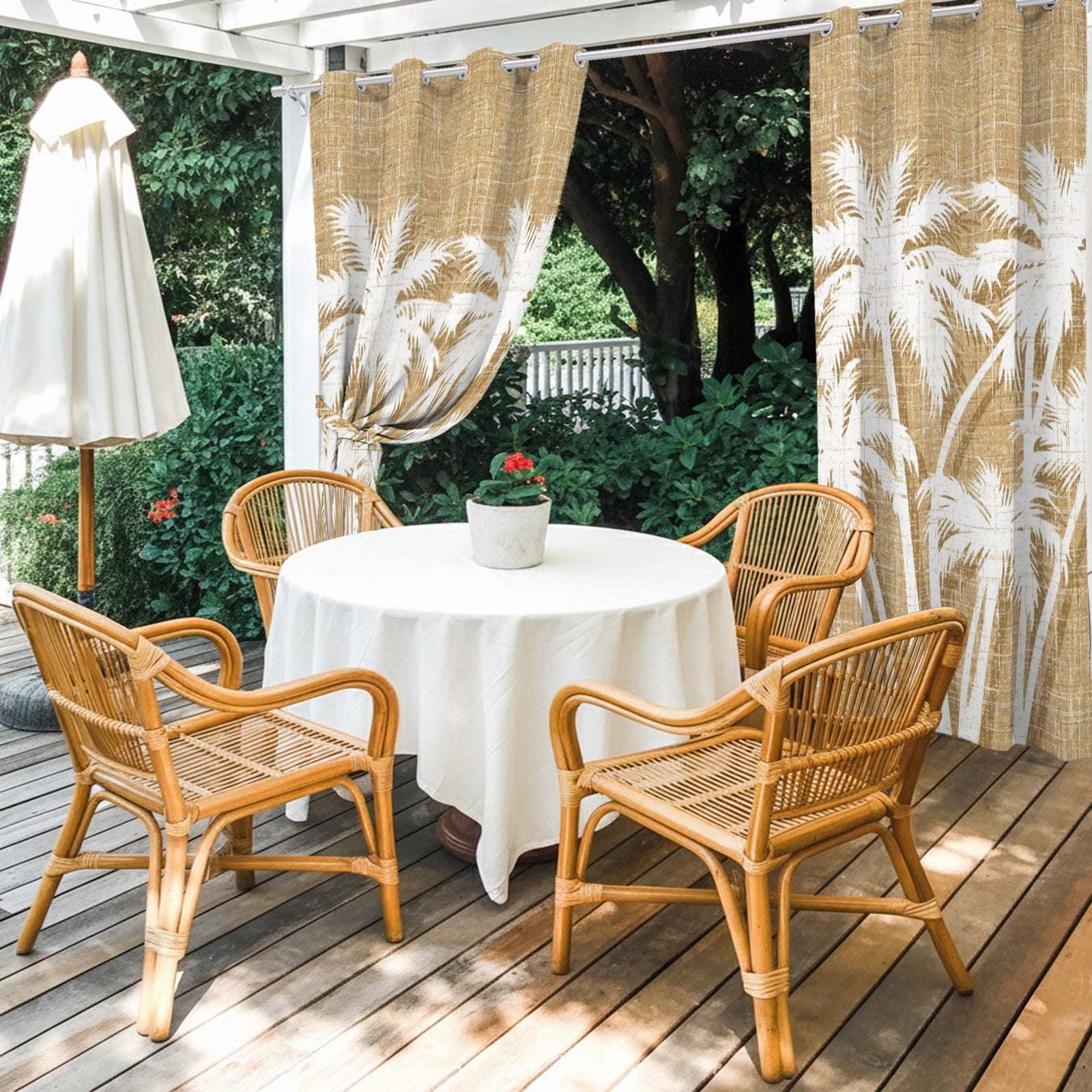 Palm Tree Outdoor Curtains for Patio, Tropical Plant Coastal Summer Khaki Sunshade Privacy Drapes Grommet Waterproof Outside Curtains for Porch/Cabana/Balcony 54"x 108", 1 Panel