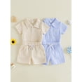 thumbnail image 3 of BemeyourBBs Newborn Baby Boy Summer Clothes Cute Infant Baby Boys 2 Pieces Outfit Short Sleeve Lapel Neck Striped Print Romper and Elastic Waist Pockets Shorts Set, 3 of 9