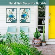 Liffy Blue Glass Fish Wall Art with LED Lights - Outdoor Decor for Patio, Garden, and Pool (2pcs)