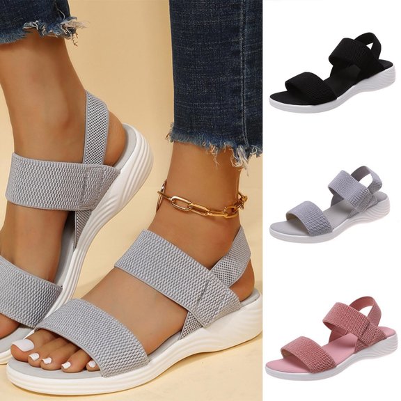 Sandals for Women Casual Summer Flat Sandals Breathable Anti-Slip Slip On Walking Shoes Elastic Webbing Beach Sandals