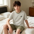 thumbnail image 6 of LEKWK Boys Pajama 2 Piece Sets Short Sleeve Striped T-Shirt and Shorts Casual Workout Loungewear Summer Fashion Athletic Home Sleepwear 3-15Y, 6 of 6