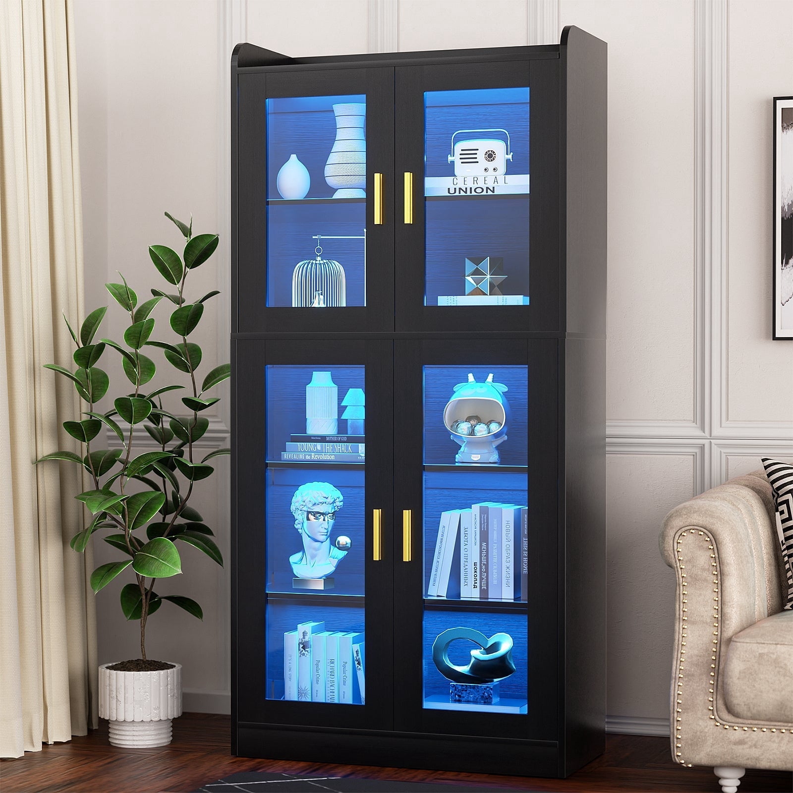 Homieasy 6-Shelf Bookcase with 4 Glass Doors, 67.4 inch Tall Bookcase with RGB LED Lights, for Living Room, Bedroom, Dorm Room, Black