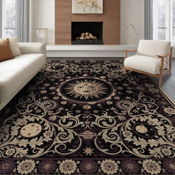 ODIKA 6'x9' Washable Area Rug Black Purple Round Boho Gothic Sun Celestial Floral Vines with Ornate Scrolls for Family Room, Living Room, Master Bedroom, Non-Slip, Easy Care