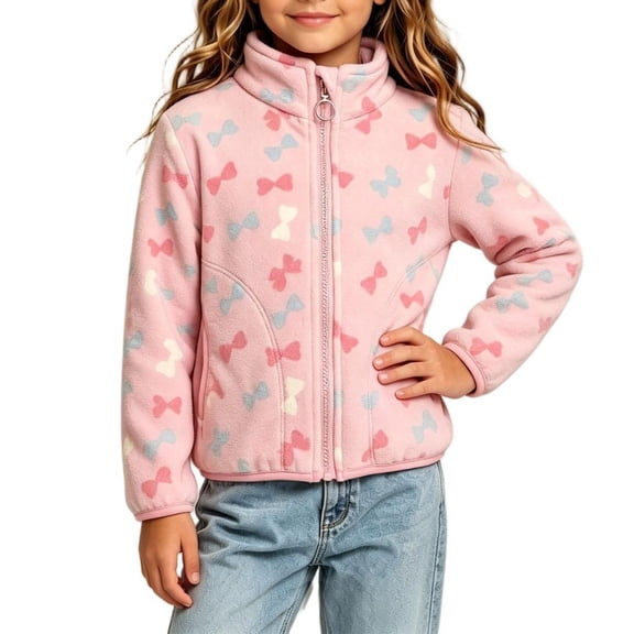 Nugftut Girls Fleece Jacket Warm Stand Collar Jacket Zip-up Lightweight Long Sleeve Coat for Kids Size 5-6
