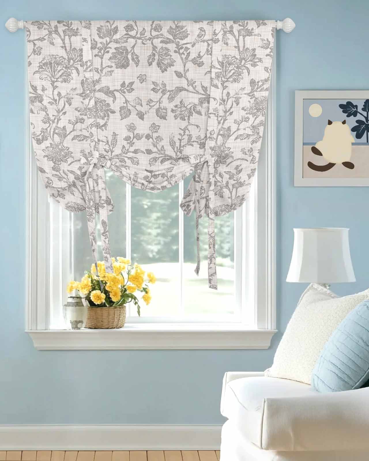 Farmhouse Flower Tie Up Curtains for Window, Thermal Insulated Balloon Shade Adjustable Rod Pocket Curtains Valance Panels for Kitchen Bathroom Cafe 52 x 45 Botanical Vintage Grey Leaf Plant