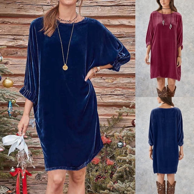 Gspmoly Robes Décontractées pour Femmes, Mode Femmes Robe Décontractée Unie à Col Rond à Manches Longues Mini Robe Robes de Cocktail Offres Hebdomadaires