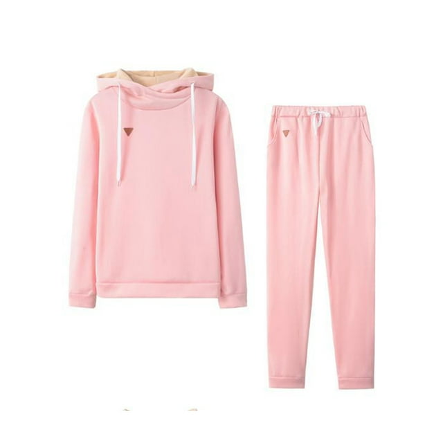 LUXUR Ladies Solid Color Two Piece Outfit Fleece Fuzzy Sports Hooded Sweatshirts And Sweatpants Pink S