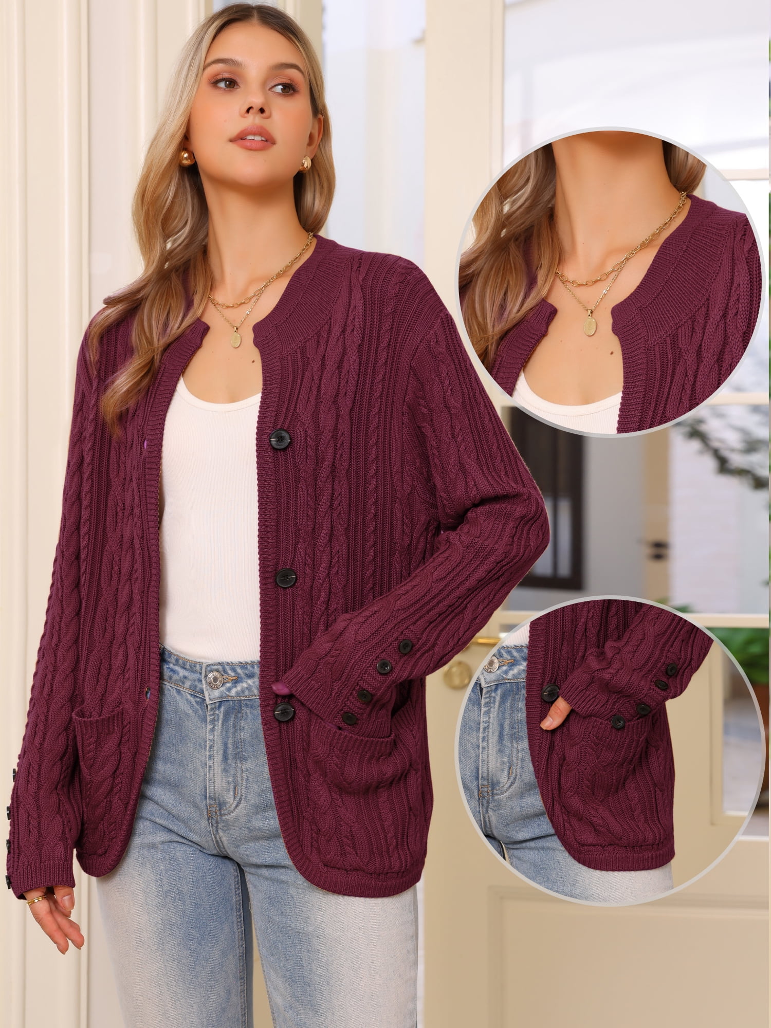 DARING DIVA Women's Cable Knit Open Front Button Up Cardigan Sweaters M Dark Red
