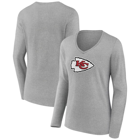 Women's Heather Gray Kansas City Chiefs Primary Team Logo Long Sleeve V-Neck T-Shirt