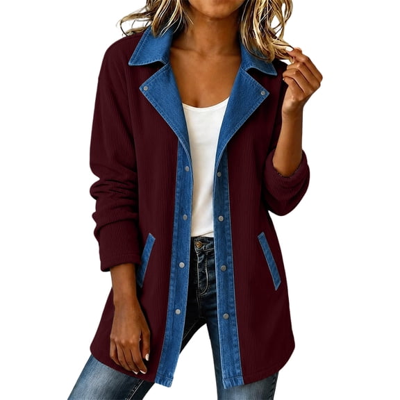 Sevevn Women's Color Block Denim Trim Corduroy Jacket Lapel Collar Button Down Long Sleeve Mid Length Casual Patchwork Outerwear Coat with Pockets Wine L