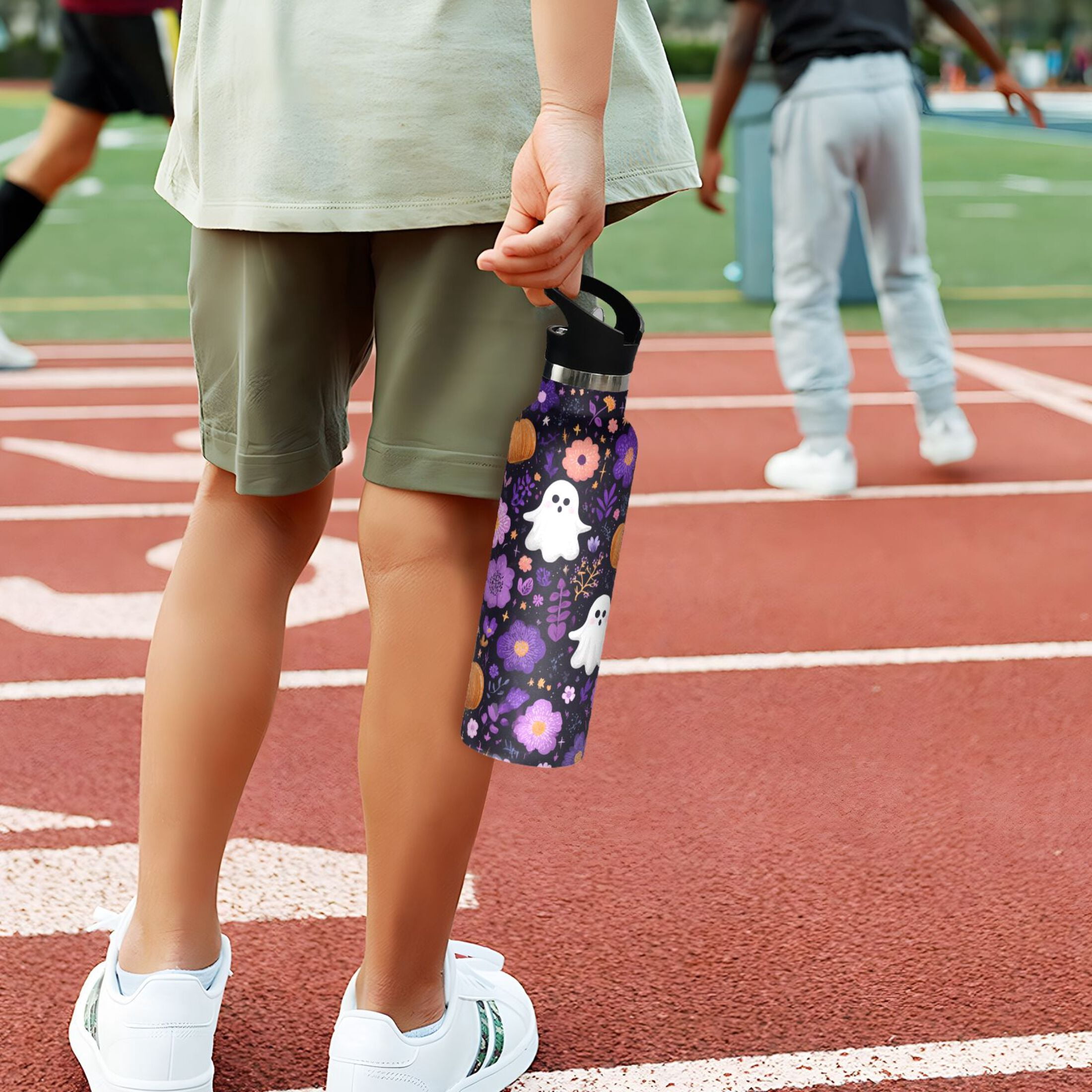 Kids Insulated Stainless Steel Sports Water Bottle 600ml (20oz) Purple Flowers and Pumpkins