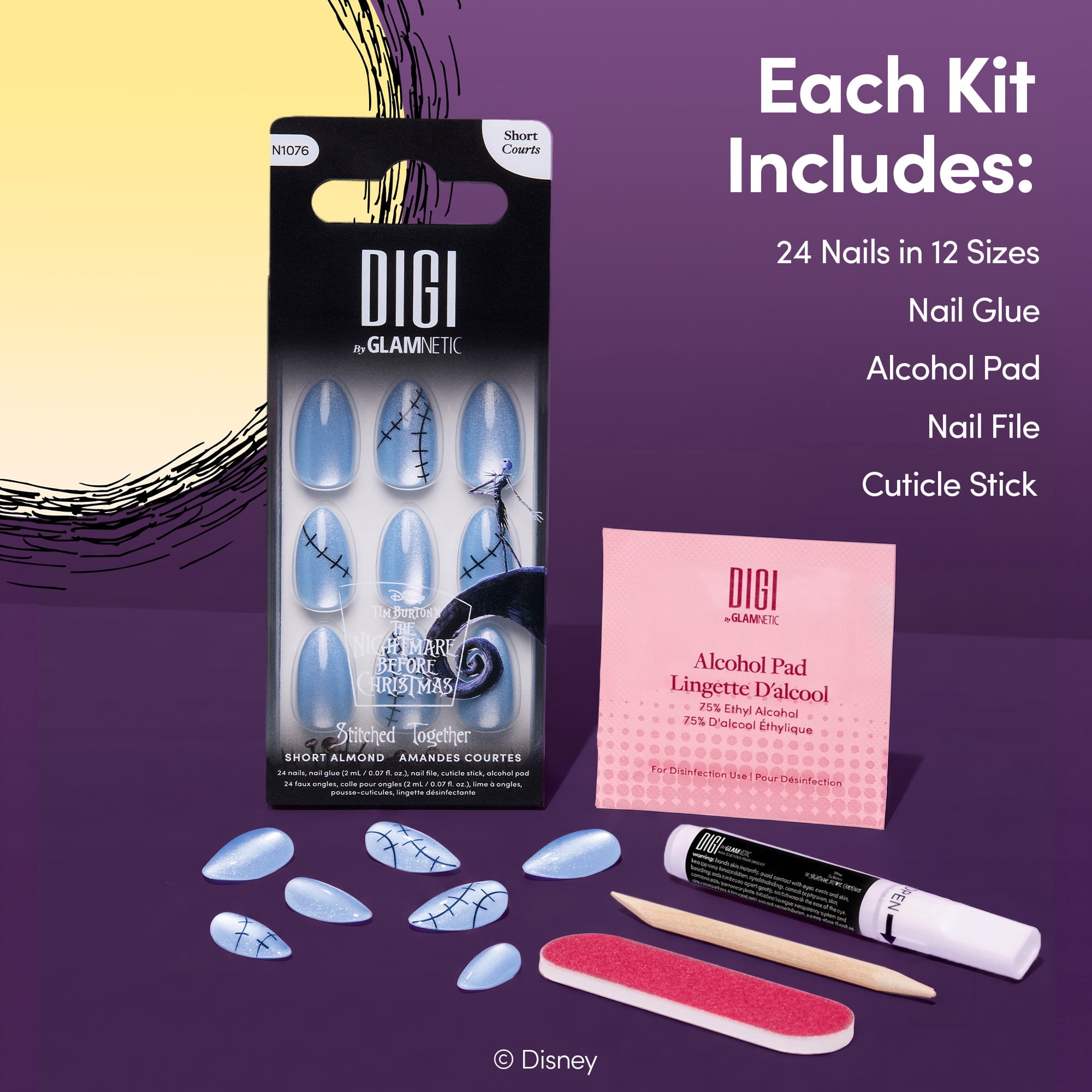 DIGI by Glamnetic x Nightmare Before Christmas Short Almond Press-on Nails, Stitched Together, 24 Pieces