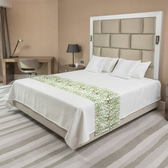 Nature Bed Runner, Simplistic Tree Illustration Leaves on Branch Pattern Plain Background, Decorative Accent Bedding Scarf for Hotels Homes and Guestrooms, King, Lime Green and Fawn, by Ambesonne