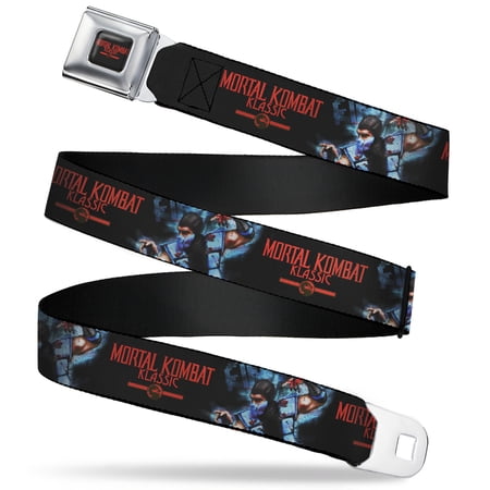 Mortal Kombat Belt, Seatbelt Buckle Belt, Mortal Kombat Klassic Sub Zero Freeze Pose and Logo Black, 30 to 44 Inches