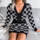 thumbnail image 3 of Vestido ajustado para mujer, cuello en V, manga larga, diseño de tablero de ajedrez, vestido de punto a la cadera para otoño e invierno, negro M, 3 of 7