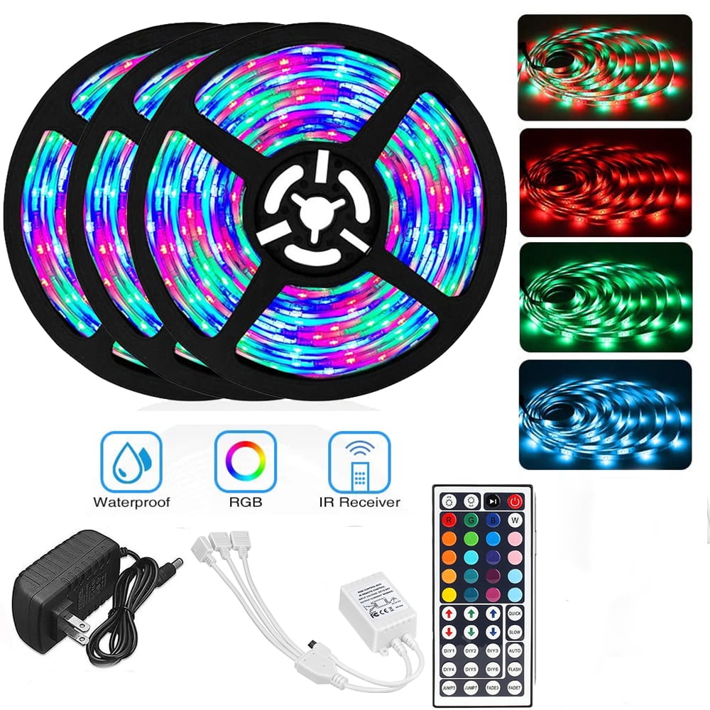LED Strip Lights 49.2ft RGB Color Changing Lights Waterproof Flexible Tape 450 LEDs with 44 Keys IR Remote Controller and 12V Power Kit for Home, Bedroom, Kitchen,DIY Decoration -