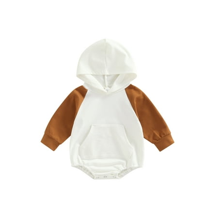 

Inevnen Newborn Long Sleeve Romper Contrast Color Front Kangaroo Pocket Snap Crotch Hooded Patchwork Jumpsuit