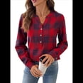 thumbnail image 3 of Camisas A Cuadros con Cuello en V para Mujer, Elegantes, Informales, con Botones, Estilo Bohemio, para el Trabajo, de Larga, para Otoño. Rojo L, 3 of 10