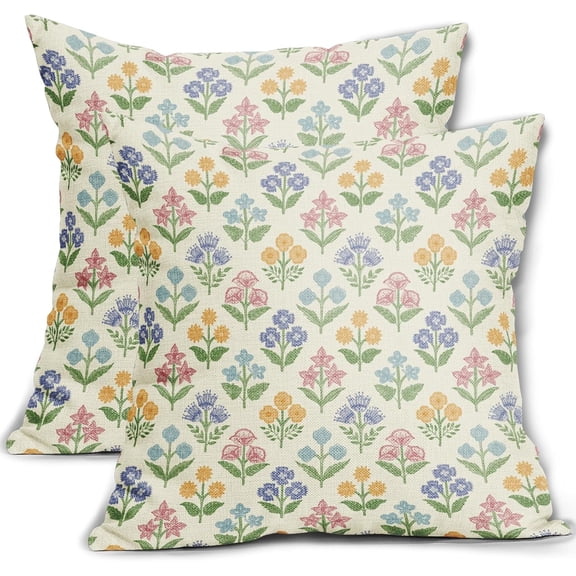 Spring Floral Easter Block Print Pillow Covers 20x20 Inch Set of 2, Pink Yellow Blue Purple Flower Holiday Decorative Throw Pillowcases Outdoor Farmhouse Cushion Covers Sofa Couch Bed Decor
