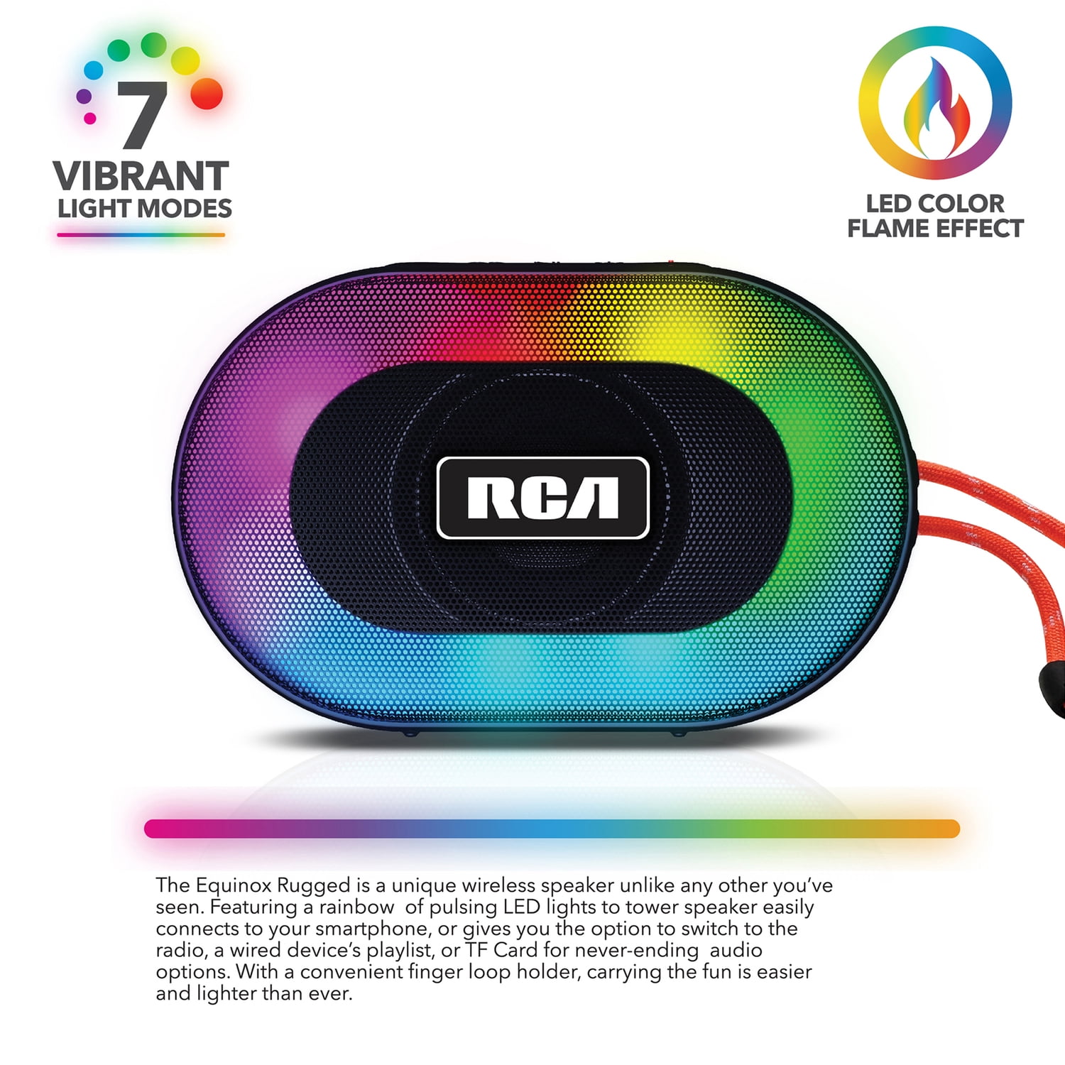 RCA 5-Watt DISCO-101 Equinox Portable Bluetooth Speaker with TWS, Flame Effect Lights, USB/microSD/Aux, FM Radio, IPX5, up to 3 Hours Play Time