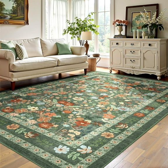 Green Floral Area Rug Vintage Boho Washable Non-Slip Living Room Carpet Soft Low Pile Thin Bedroom Floor Mat Indoor Home Decor For Dining Room Playroom Nursery Farmhouse, Green/Multi 3x4ft