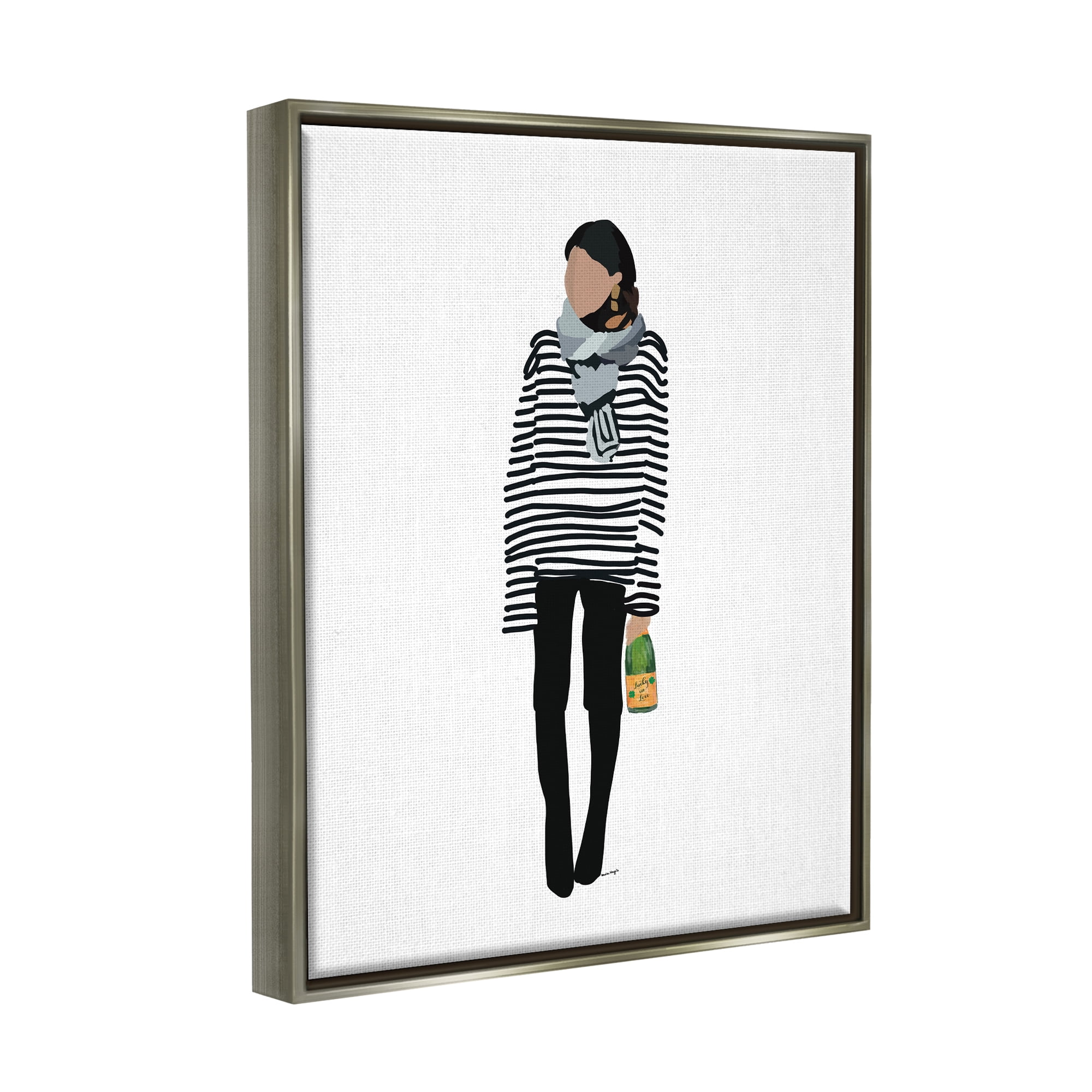 Stupell Industries Trendy Stripes Fashion Girl Beauty & Fashion Painting Gray Floater Framed Art Print Wall Art