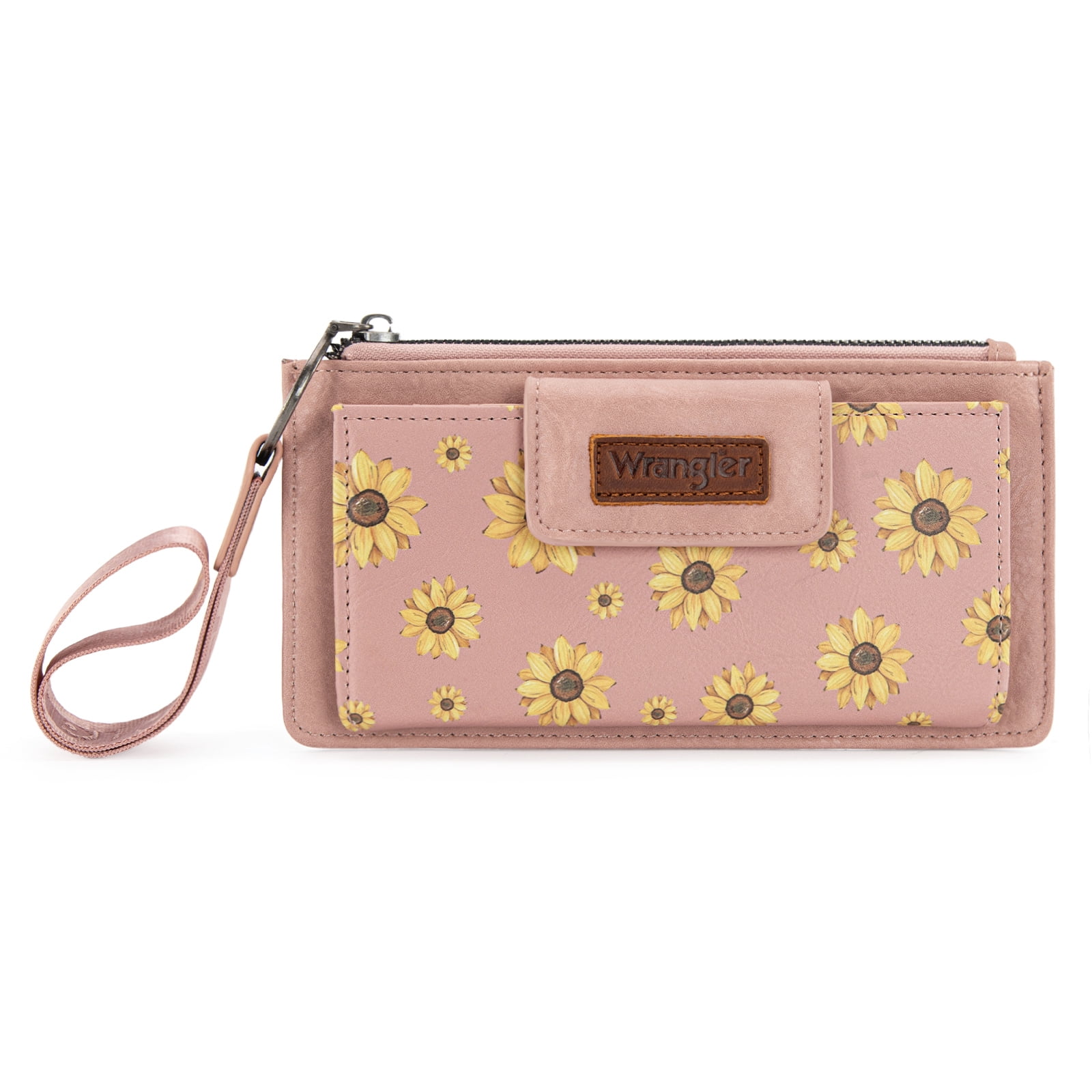 Wrangler Wallet for Women Floral Wristlet Wallets Ladies Female Large Clutch Wallets with Coin Purse and Rfid Lining, Dark Pink