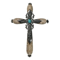Western Fleur De Lis Floral Tooled Silver Scroll Filigree Turquoise Wall Cross