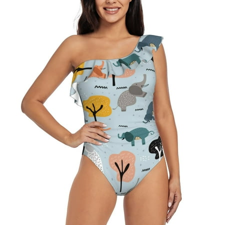 Lukts Elephant Tree Women One Piece Swimsuits Tummy Control One Shoulder Bathing Suits Ruffle Swimwear-Large