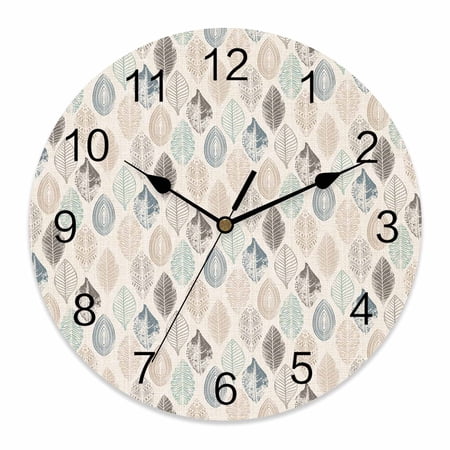 12 Inch Leaves Specimens Wall Clock, Blue Khaki Teal Grey Burlap Background Battery Operated Silent Non Ticking Clocks, Easy to Read Round Wall Clock for Kitchen/Living Room/Bedroom/Bathroom