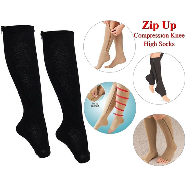 Zipper Pressure Compression Socks Support Stockings Leg Open Toe Knee