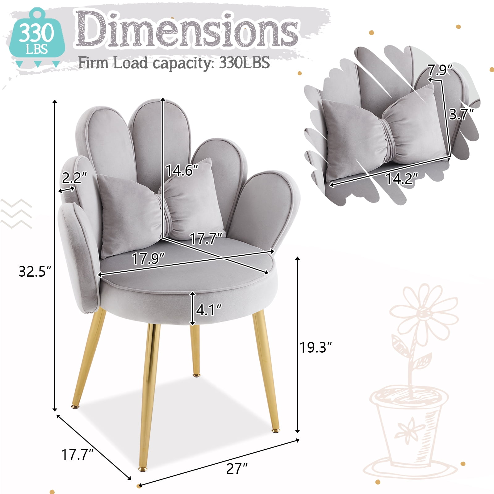 Ktaxon Vanity Makeup Chair Comfy Accent Chair Small Office Chair with Flower Back and Lumbar Pillow for Living Dining Room Bedroom Home Office Velvet Light Gray