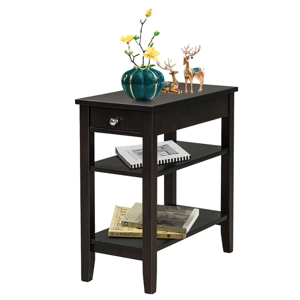 Finihen End Side Table, Sofa Side Table, Bed Side Table, Side End Table with Drawer and 2-Tier Open Storage Shelves for Space Saving, for Living Room, Bedroom, Brown