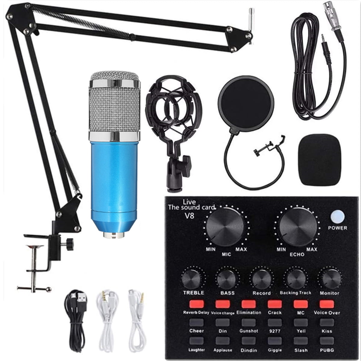 Podcast Microphone Bundle, BM800 Microphone Kit with Live Sound Card, Condenser Microphone & DJ Mixer with Adjustable Mic Suspension Scissor Arm, Shock Mount & Filter for Studio Recording & Broadcas