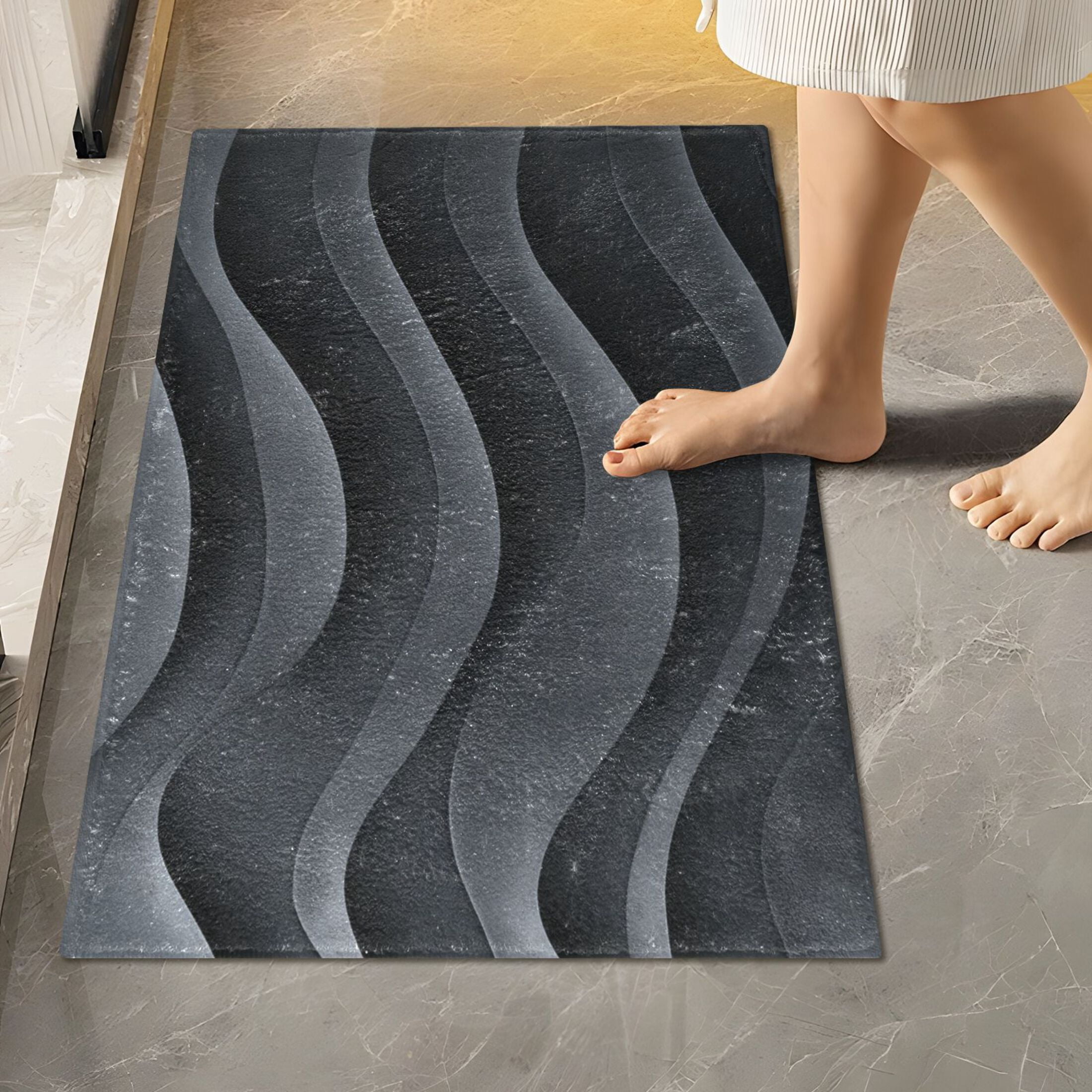 2 Piece Soft Bathroom Rug Set Dark Gray Wave Pattern Bath Mat and U-Shaped Toilet Contour Rug (16"x24"+20"x24")
