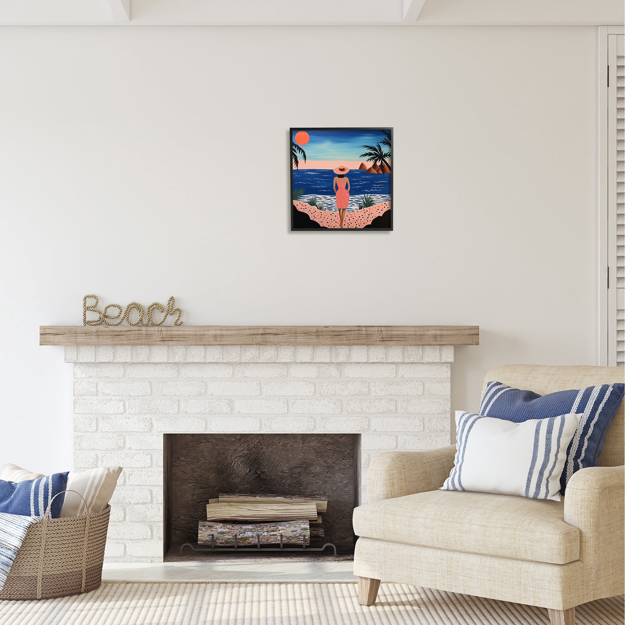 Stupell Industries Girl on Sunset Beach Landscape Painting Black Framed Art Print Wall Art, 17 x 17