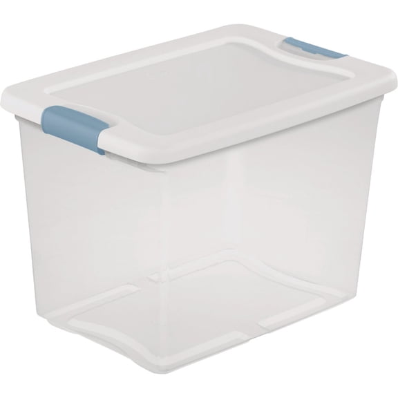 Sterilite Latching Storage Box, Stackable Bin with Latch Lid, Plastic Container to Organize Closet Shelf, Clear with Blue Lid, 25 Quart, 24-Pack