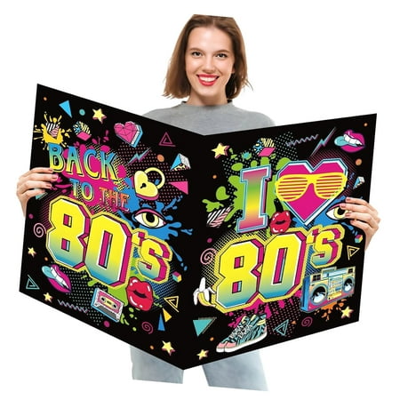 GZHJMY 80' Party Decorations Back to The 80' Theme Love 80' Guest Book Hip Hop Party Decorations Neon 1980s Throwback Decor Large Greeting Card for