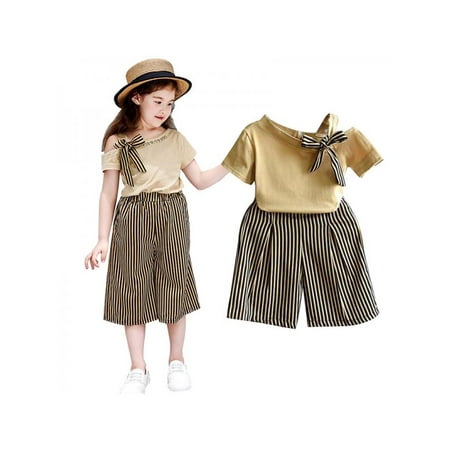 

2Pcs Children Girls Casual Short Sleeve T-shirt+Striped Print Shorts Suits