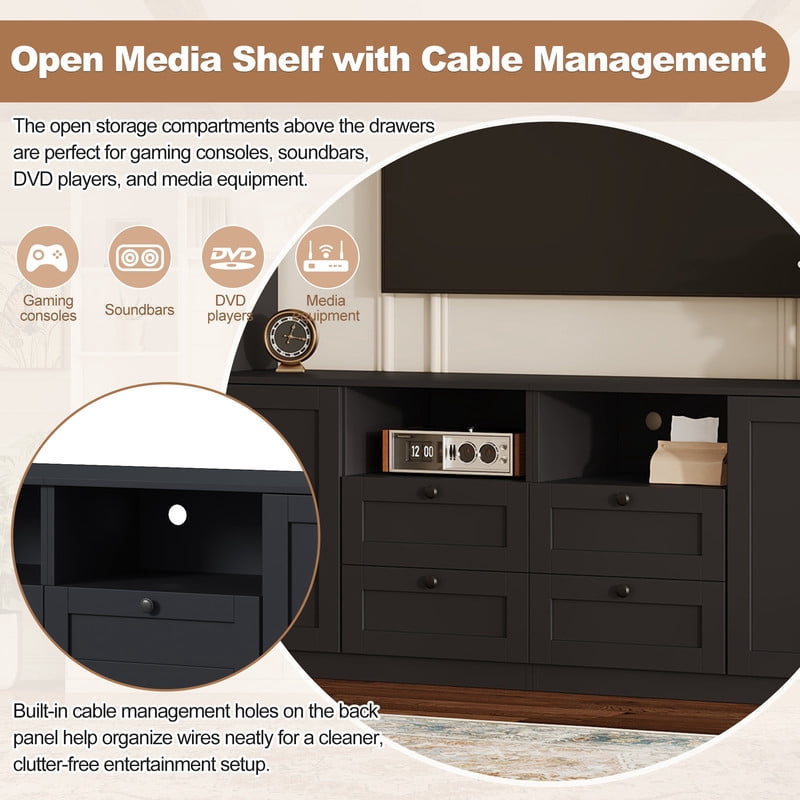 Farmhouse Entertainment Center Wall Unit with Drawers & Adjustable Shelves, TV Stand Media Console with Bridge for TVs Up to 70"